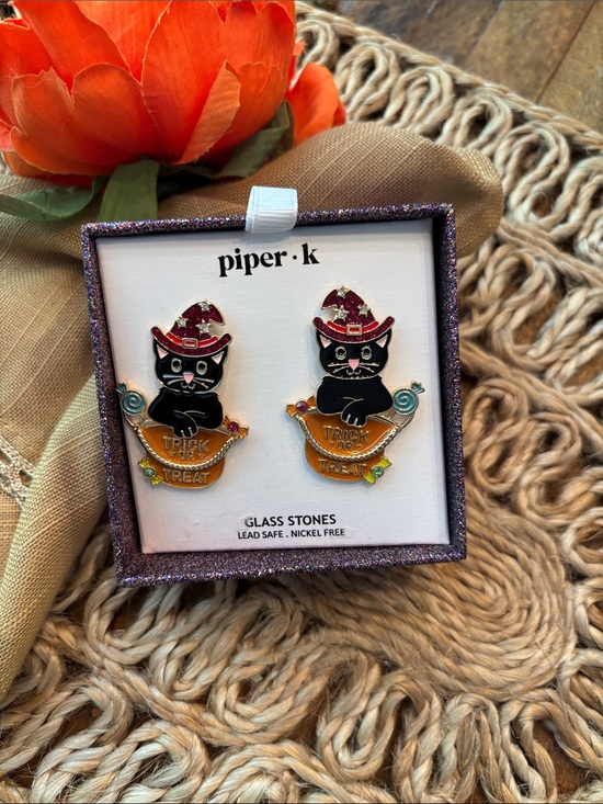Piper Other - Piper Black Cat Witch Earrings with Orange Cauldron and Red Hat